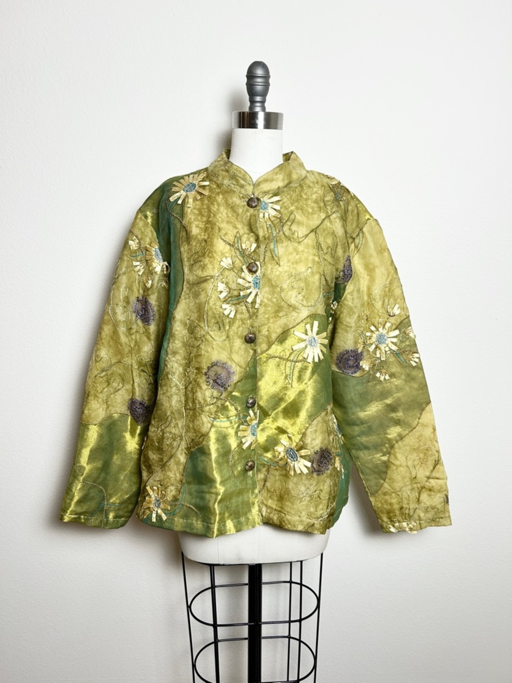 Vintage TTC Garden Party Embroidered Olive Green Gold Floral Metallic Jacket XL